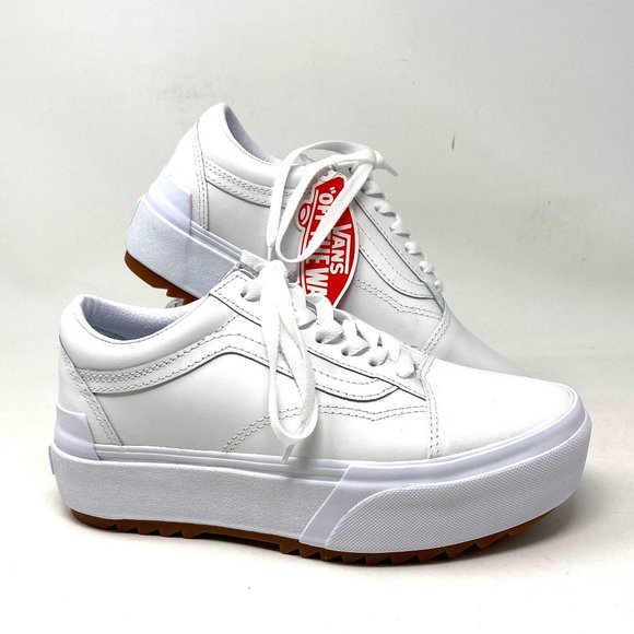 VANS PLATFORM Old Skool Stacked Leather Sneakers White Women’s Size VN0A4U15OER - Picture 3 of 12
